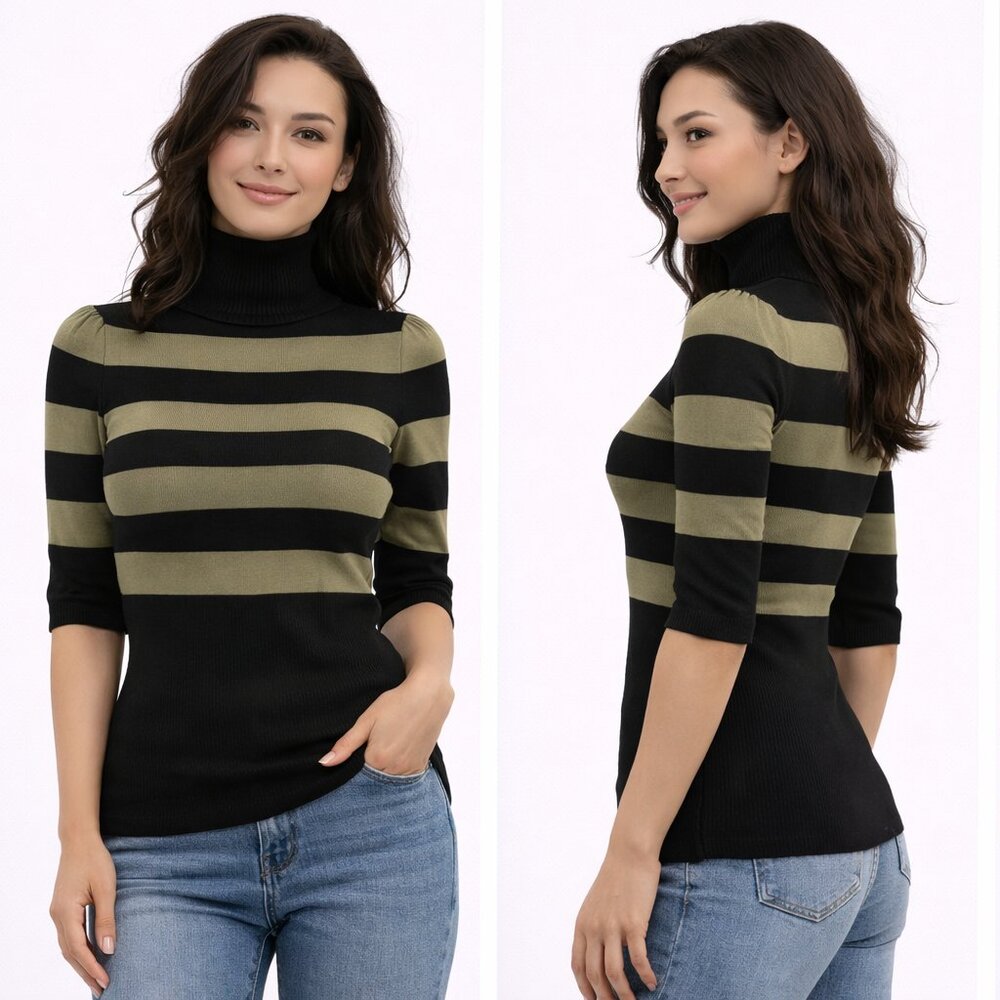 🖤💚 Striped Mock Neck Knit Top 💚🖤